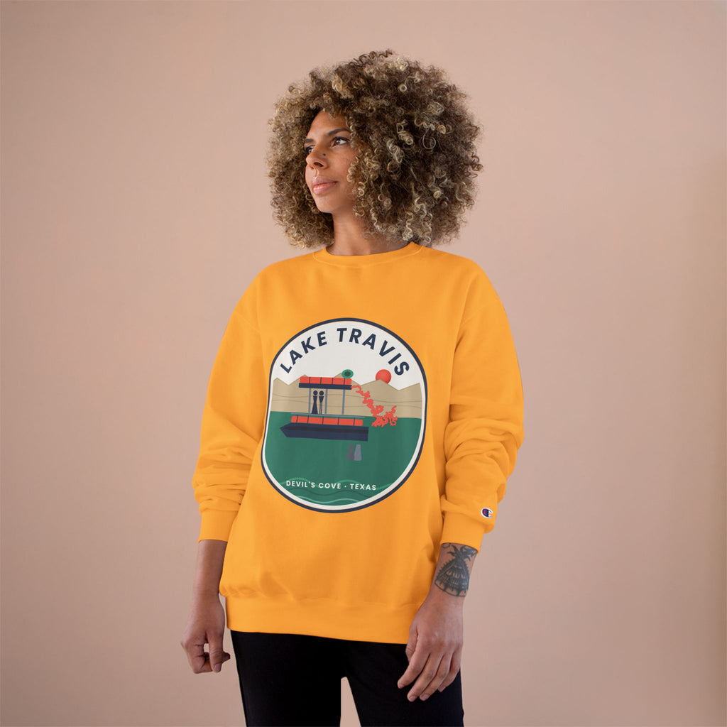 Lake Travis Crewneck Sweatshirt — Retro Pontoon Boat Design (Devil's Cove, Texas)