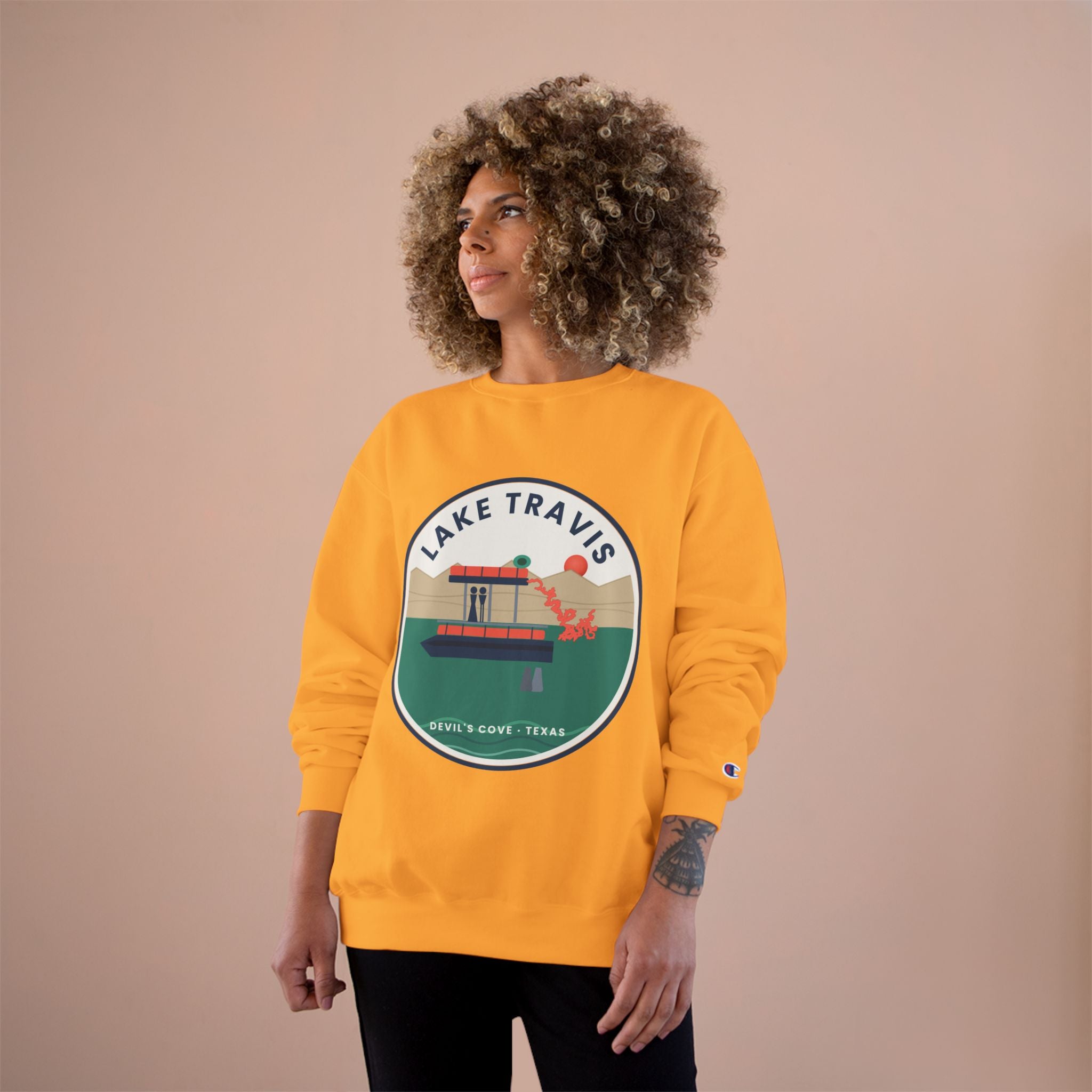 Lake Travis Crewneck Sweatshirt — Retro Pontoon Boat Design (Devil's Cove, Texas)