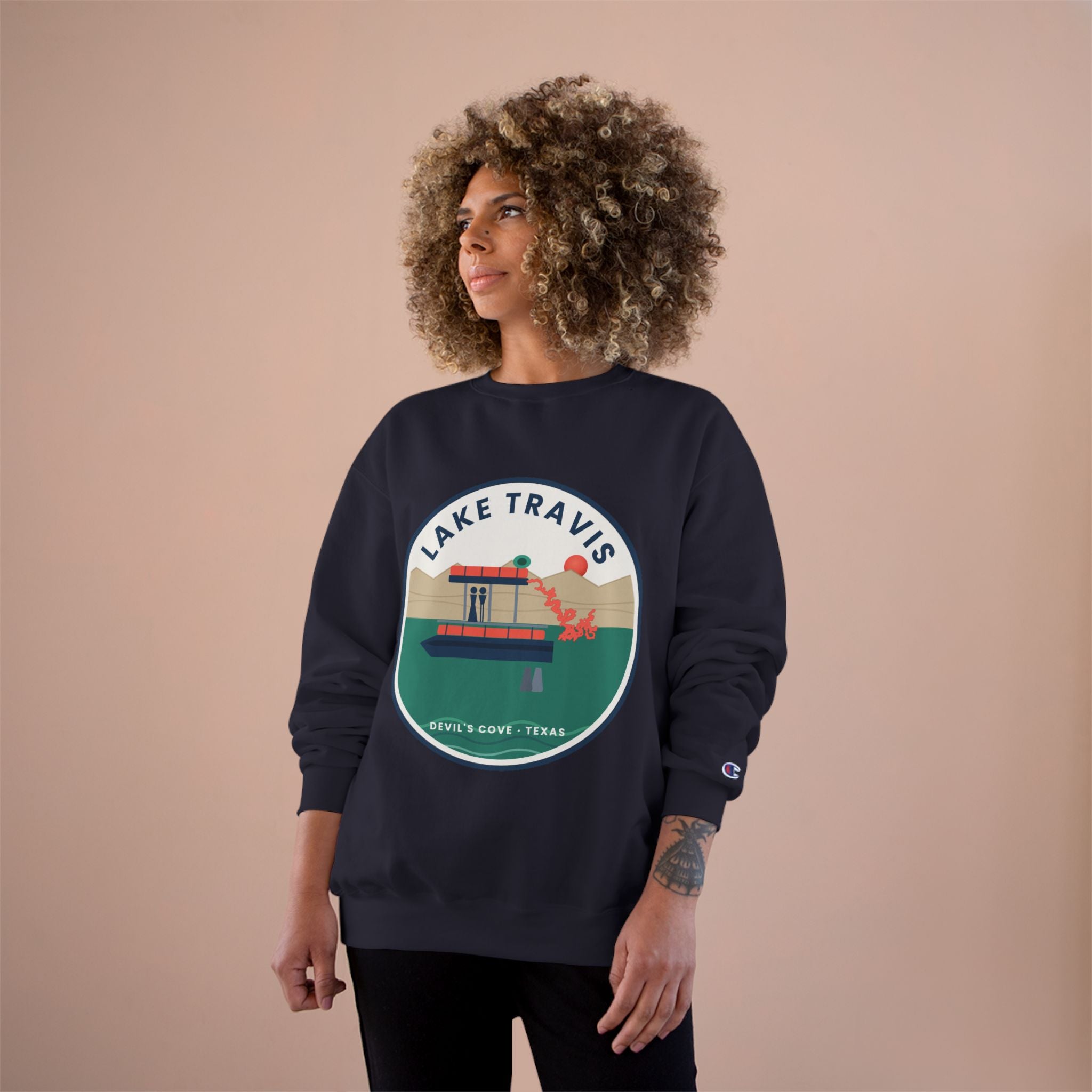 Lake Travis Crewneck Sweatshirt — Retro Pontoon Boat Design (Devil's Cove, Texas)