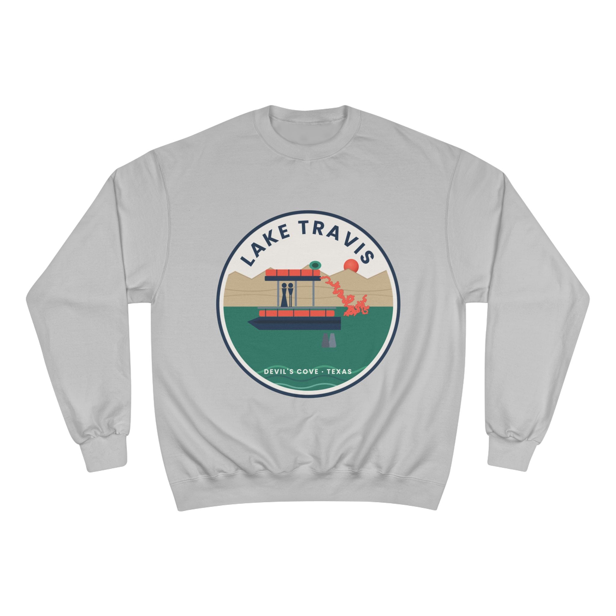 Lake Travis Crewneck Sweatshirt — Retro Pontoon Boat Design (Devil's Cove, Texas)
