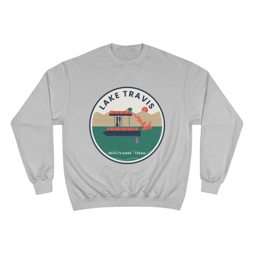 Lake Travis Crewneck Sweatshirt — Retro Pontoon Boat Design (Devil's Cove, Texas)