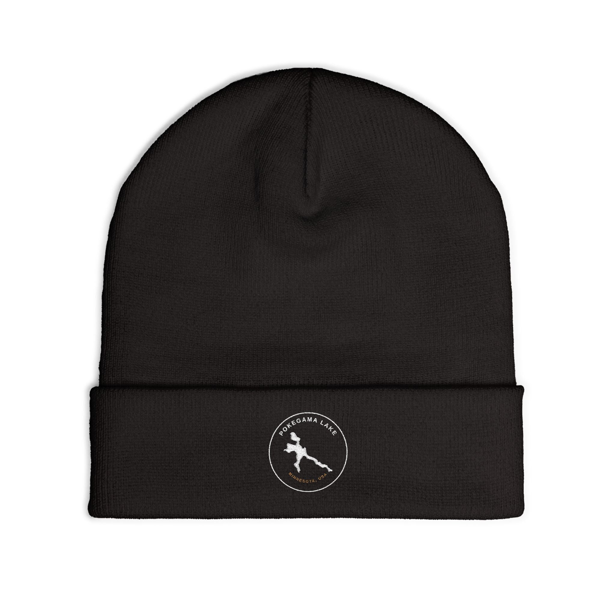 Pokegama Lake - Embroidered Runner Logo Knit Beanie (Light Logo, for Dark Colors) — Lightweight Winter Hat for Runners & Outdoor Fitness
