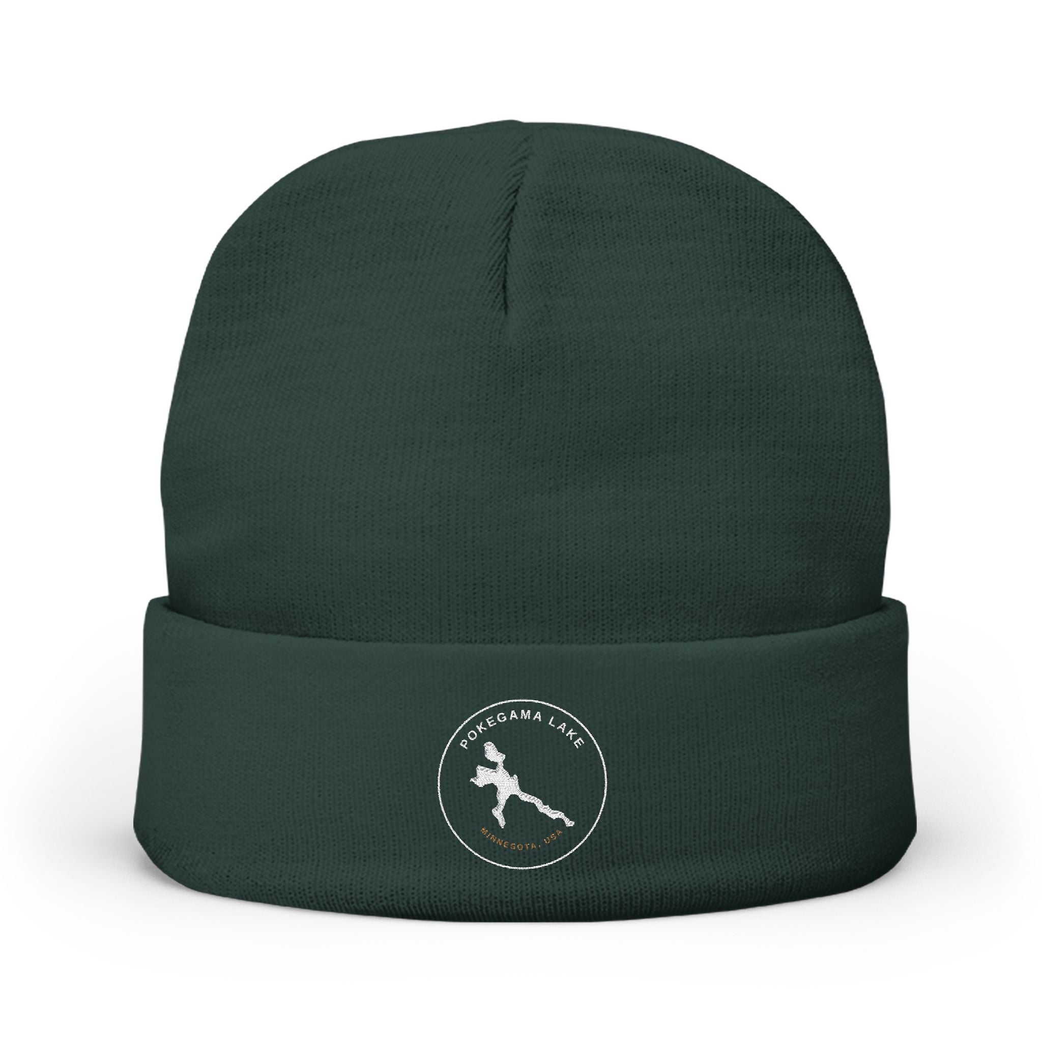 Pokegama Lake - Embroidered Runner Logo Knit Beanie (Light Logo, for Dark Colors) — Lightweight Winter Hat for Runners & Outdoor Fitness