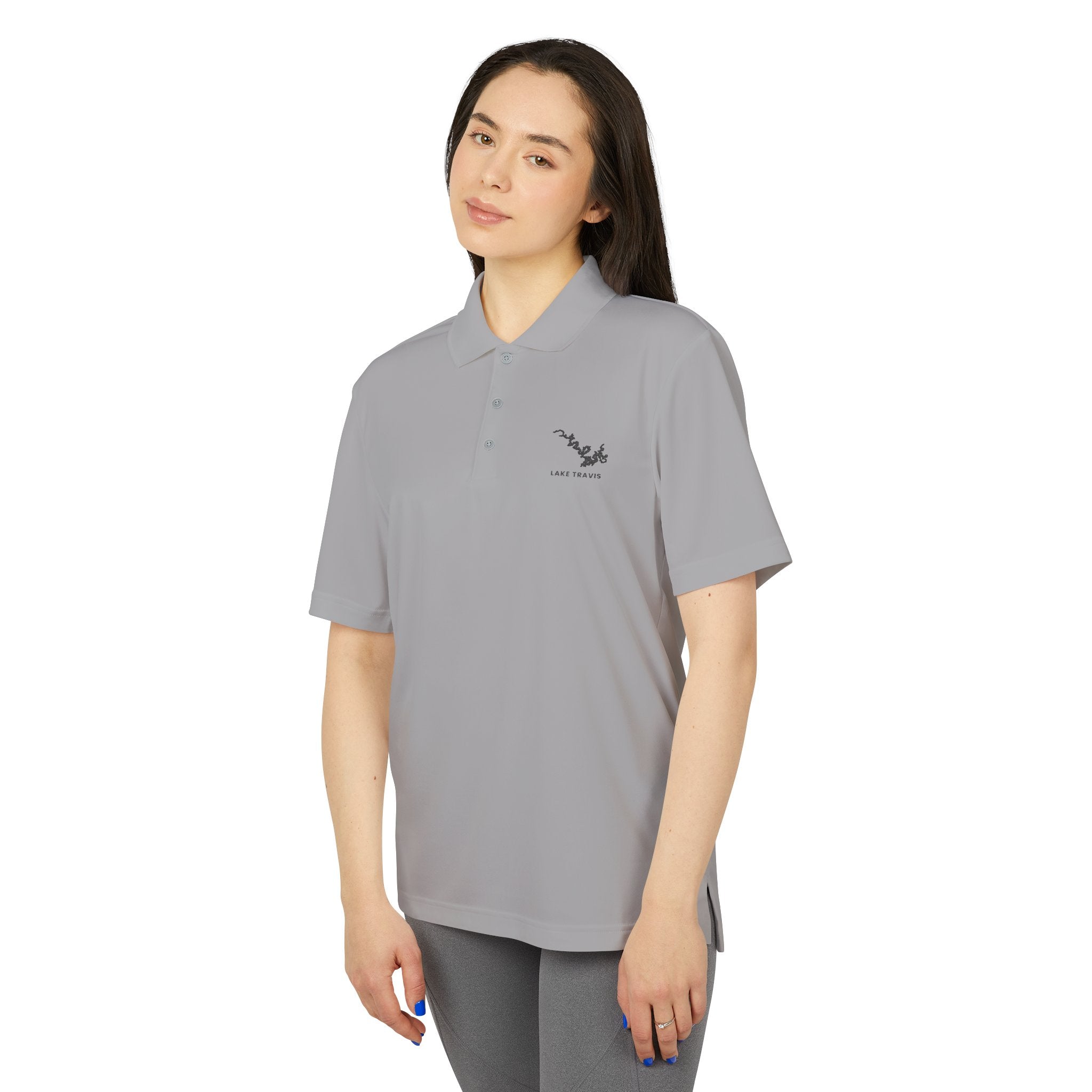 Lake Travis - White Performance Polo — Minimalist Botanical Chest Logo