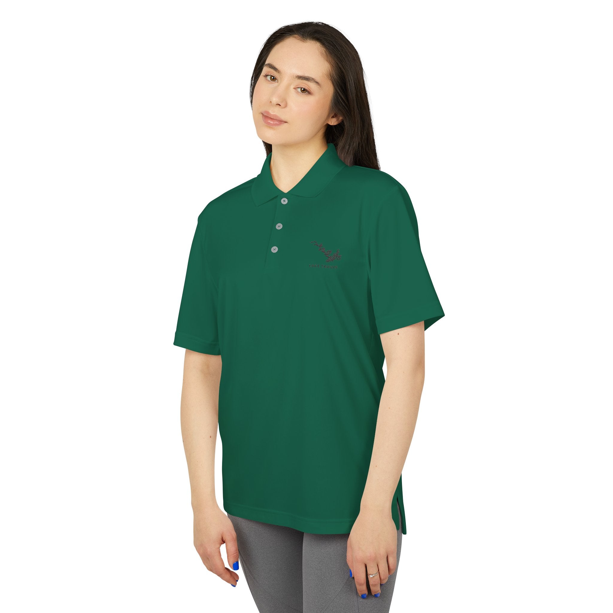 Lake Travis - White Performance Polo — Minimalist Botanical Chest Logo