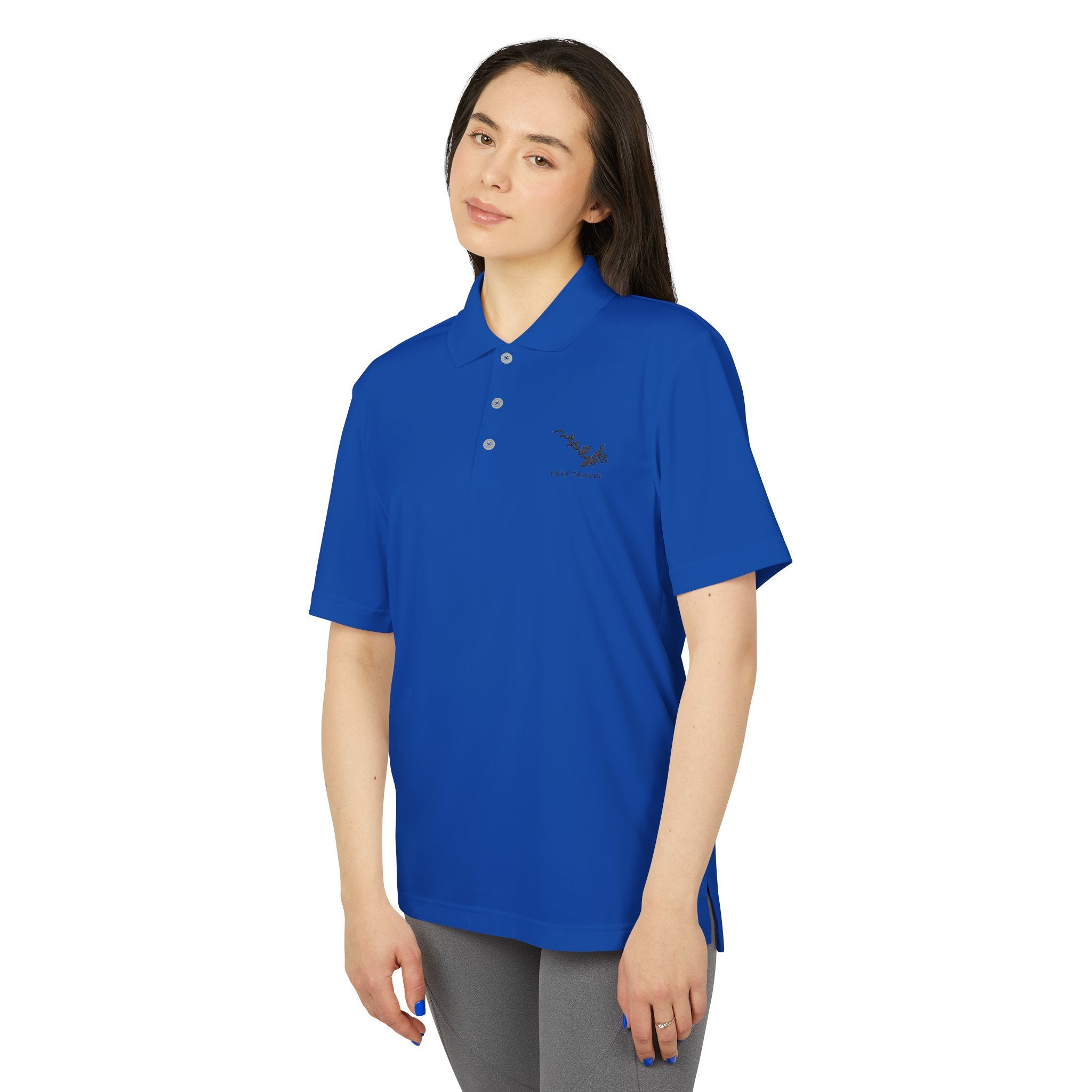 Lake Travis - White Performance Polo — Minimalist Botanical Chest Logo