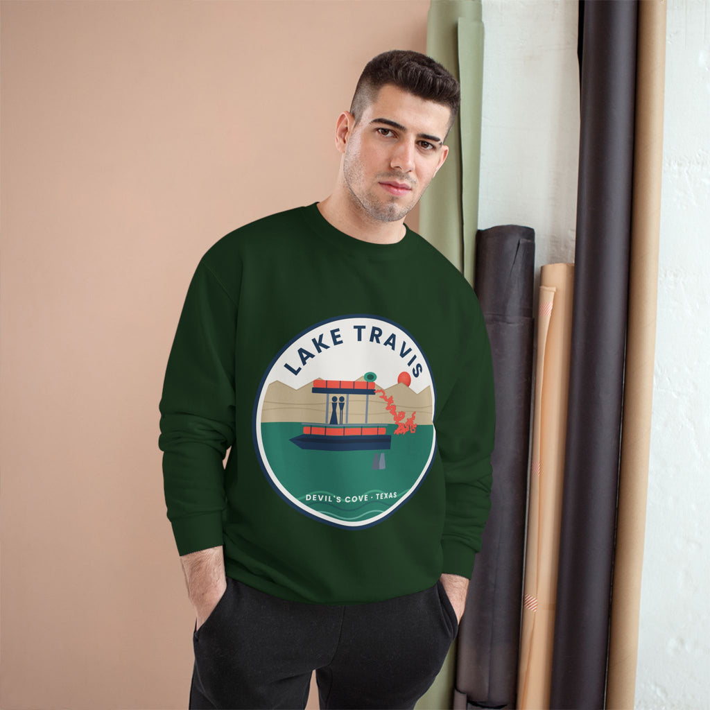 Lake Travis Crewneck Sweatshirt — Retro Pontoon Boat Design (Devil's Cove, Texas)