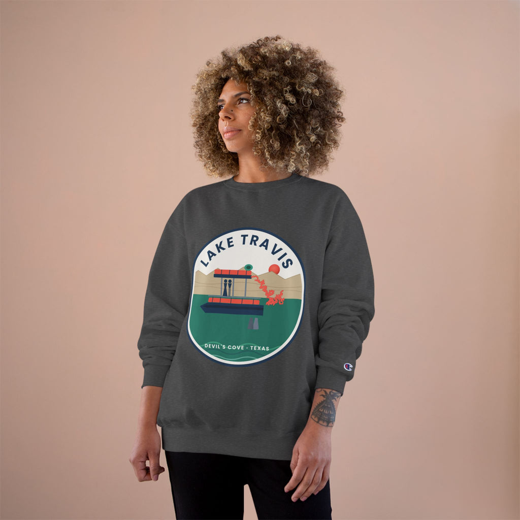 Lake Travis Crewneck Sweatshirt — Retro Pontoon Boat Design (Devil's Cove, Texas)