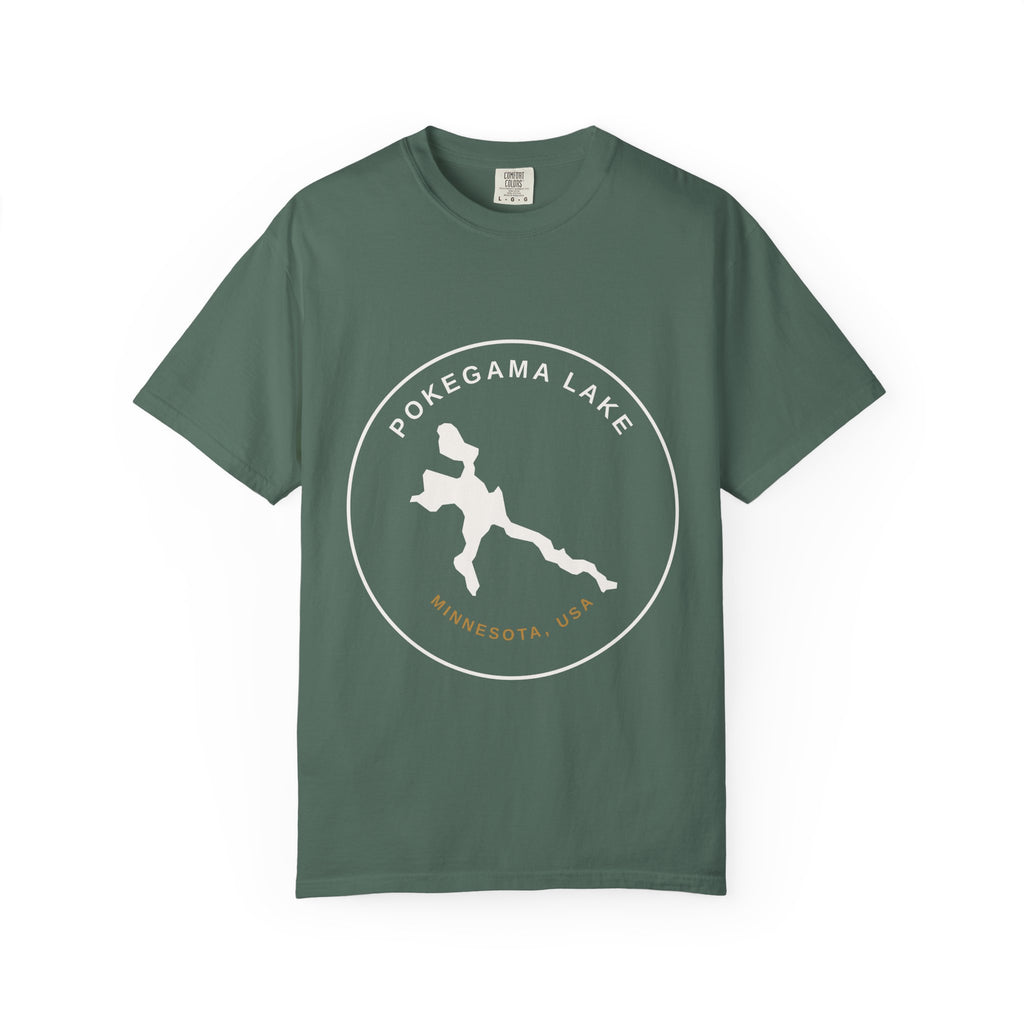 Pokegama Lake Minnesota T-Shirt — Lake Map Circle Graphic (Light Logo, for Dark Colors)