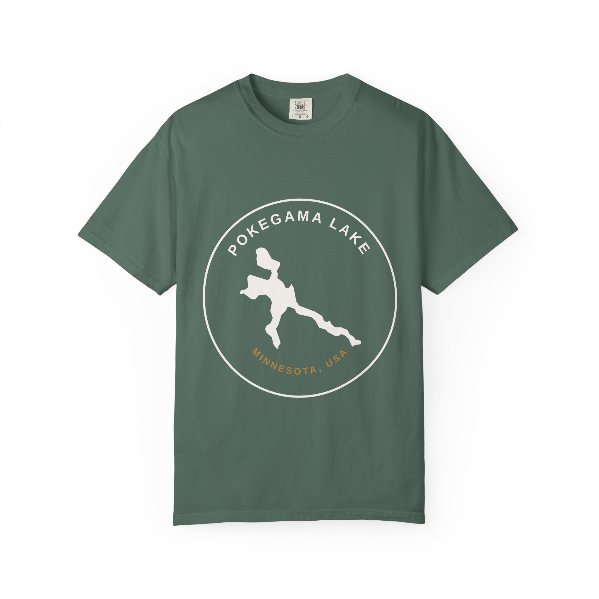 Pokegama Lake Minnesota T-Shirt — Lake Map Circle Graphic (Light Logo, for Dark Colors)