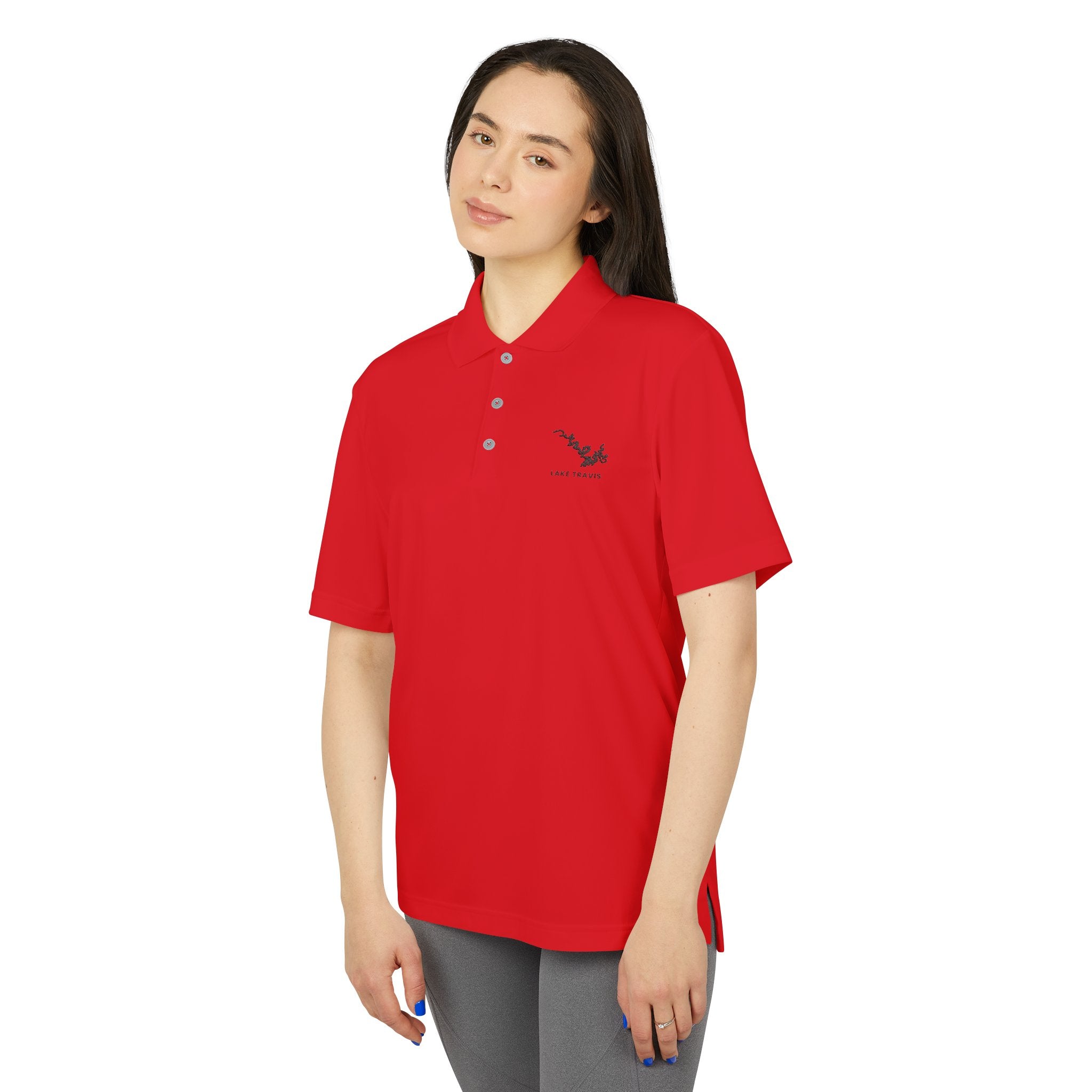Lake Travis - White Performance Polo — Minimalist Botanical Chest Logo