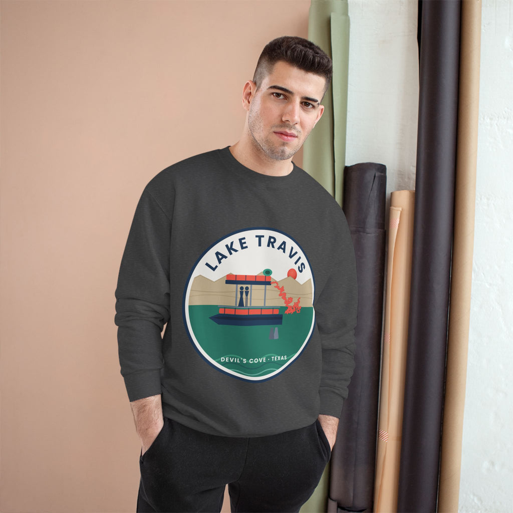 Lake Travis Crewneck Sweatshirt — Retro Pontoon Boat Design (Devil's Cove, Texas)